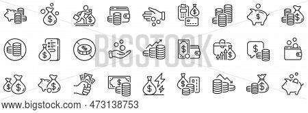 Cash Money, Donation Coins, Give Tips Icons. Coins Line Icons. Piggy Bank, Business Income, Loan. Mo