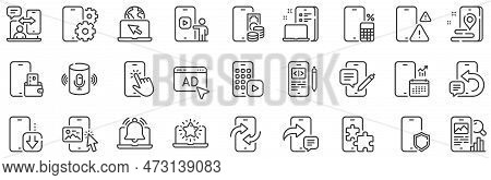 Smartphone Device, Phone Report And Download App Set. Mobile Apps Line Icons. Finger Touch, Mobile P