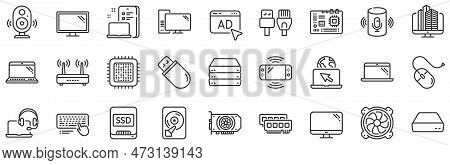 Motherboard, Cpu, Internet Cables Icons. Computer Components, Laptop, Ssd Line Icons. Wifi Router, C