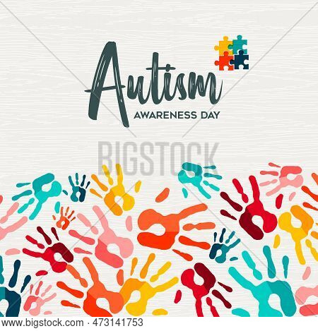 Autism Awareness Day Greeting Card Illustration Of Colorful Diverse Children Hand Print Together. Au