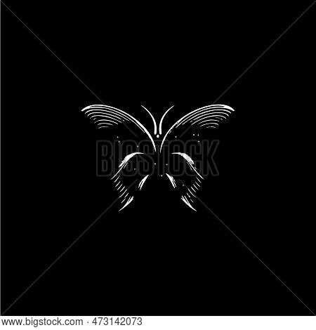 Butterfly Dotwork Tattoo With Dots Shading, Tippling Tattoo. Hand Drawing Fly Insect Emblem On Black