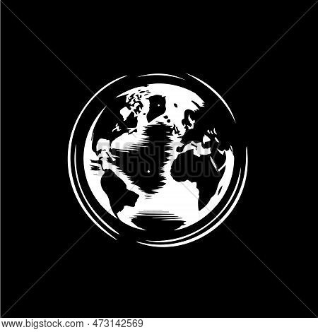 Earth Logo Template, Globe World Round Emblem, Save Planet Icon. Global Planet Sphere Hand Drawing E