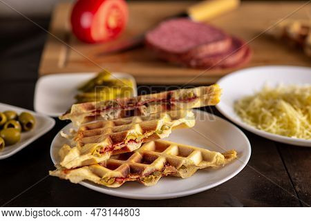 Waffle Sandwich With Salami, Cheese, Tomato. Waffle Pizza, Piffle.