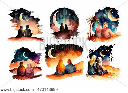 Set Vector Watercolor Illustration Of Muslim Couple In Desert Looking At Crescent