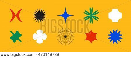 Primitive Geometric Shapes Set. Colorful Abstract Stars And Flowers Forms In Swiss Or Bauhaus Style.