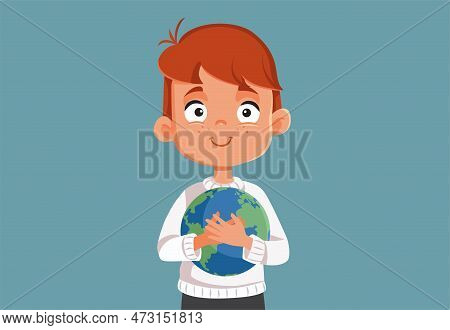 Smiling Little Boy Holding Earth Planet Vector Cartoon Illustration