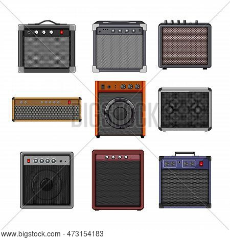 Guitar Amplifier Set Cartoon. Music Amp, Audio Speaker, Rock Vintage, Volume Bass, Studio Guitar Amp