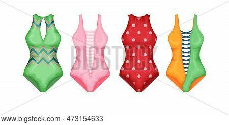 Swimsuits. A Set Of Colorful Swimsuits. Collection Of Colored Swimsuits. Clothes For A Beach Holiday