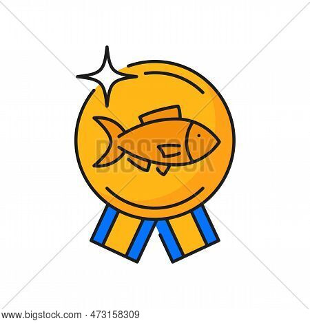 Fishing Industry Product Quality Medal Line Icon. Seafood Production Or Food Manufacture Award, Fish