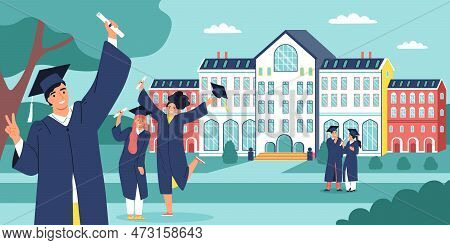 Student Flat Concept With Young Men Graduation Scene With University Campus On Background Vector Ill