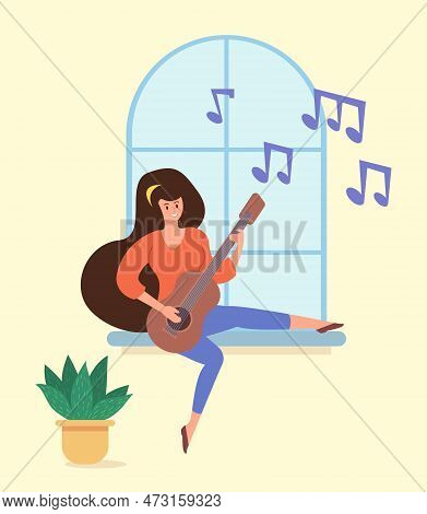 Young Woman Playing Guitar Vector Illustration. Happy Musician Playing Music, Composing Song While S