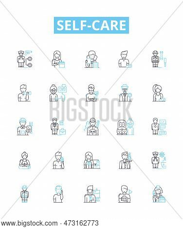 Self Care Vector Line Icons Set. Wellness, Hygiene, Exercise, Mindfulness, Meditation, Sleep, Nutrit
