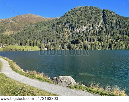 Sports And Recreational Trail Along The Alpine Lake Davos Or Loop Around Mountain Lake Davosersee, D