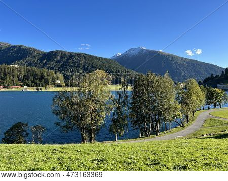 Sports And Recreational Trail Along The Alpine Lake Davos Or Loop Around Mountain Lake Davosersee, D