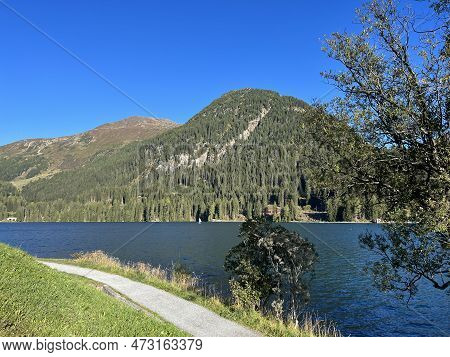 Sports And Recreational Trail Along The Alpine Lake Davos Or Loop Around Mountain Lake Davosersee, D