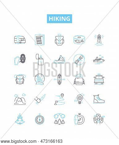 Hiking Vector Line Icons Set. Hiking, Trail, Walking, Trekking, Path, Natural, Climb Illustration Ou