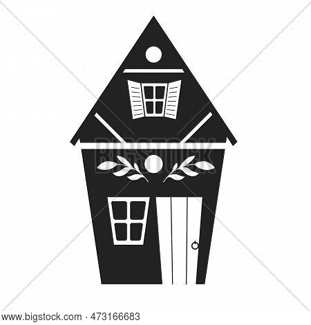 Vector Monochrome Illustration Of A Cute Country House For Logo And Icon. Black Silhouette Of Dollho