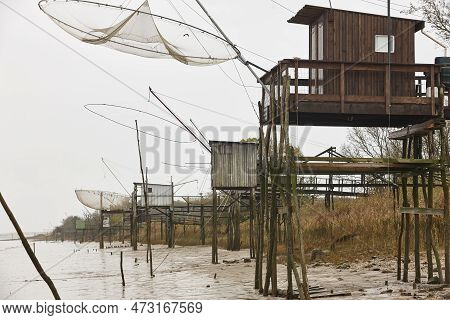 Carrelet Traditional Net Fishing In Garonne Estuary. Aquitaine. France