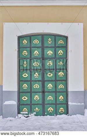 Large Green Gates With Overlays In Form Of Elements Of Tatar Traditional Floral Ornament In Old Tata