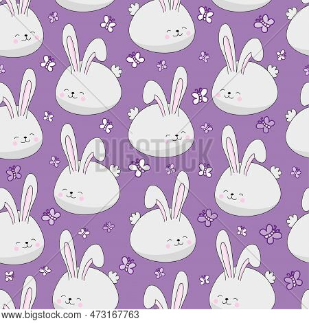Bunny Seamless Pattern With Butterfly On Purple Backgiund. Spring And Easter Decoartion.