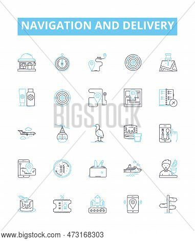 Navigation And Delivery Vector Line Icons Set. Navigation, Delivery, Tracking, Fleet, Logistics, Rou