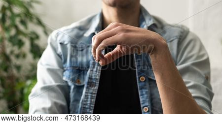 Sign Language Interpreter Man Translating A Meeting To Asl, American Sign Language. Empty Copy Space