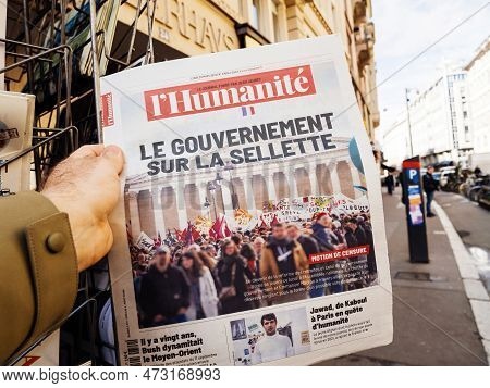 Paris, France - Mar 20, 2023: The Frensh Government On The Floor Headline Article On The Cover Of Lh
