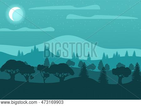 Vector Drawing Evening In The Forest. Blue Color