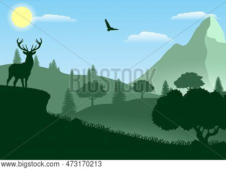 Vector Drawing Deer And Bird On The Hill