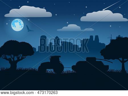 Vector Drawing Night In Ukraine. Tractor And Tank