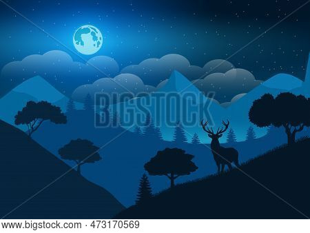Vector Drawing. Night Landscape With Moon And Deer.