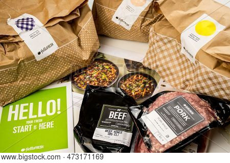Sydney, Australia 2020-05-16 Hello Fresh Meal Kits On A Kitchen Countertop.
