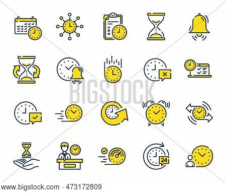 Time Line Icons. Set Of Calendar, Time Management Timer And Delivery Service Linear Icons. Checklist