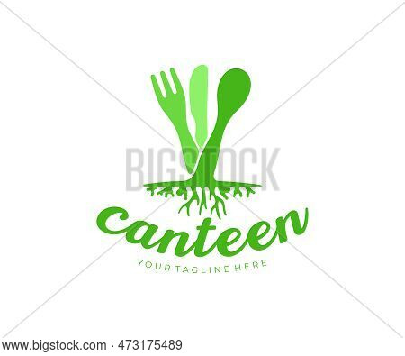Food, Fork, Spoon, Knife In The Form Of A Plant With Roots, Logo Design. Meal, Canteen, Catering And