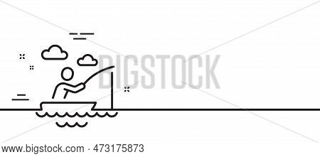 Boat Fishing Line Icon. Fisherman With Rod Sign. Catching Fish Symbol. Minimal Line Illustration Bac