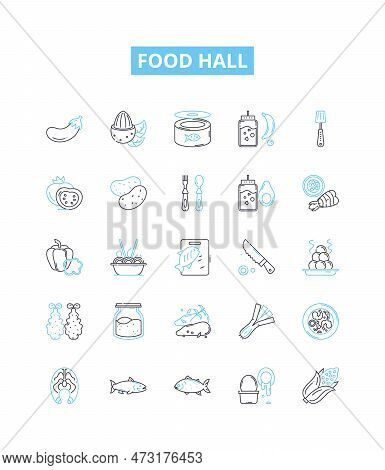 Food Hall Vector Line Icons Set. Food, Hall, Eatery, Cafeteria, Canteen, Buffet, Bistro Illustration