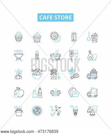 Cafe Store Vector Line Icons Set. Cafe, Store, Coffee, Drinks, Food, Bakery, Desserts Illustration O