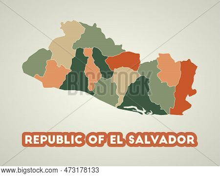 Republic Of El Salvador Poster In Retro Style. Map Of The Country With Regions In Autumn Color Palet