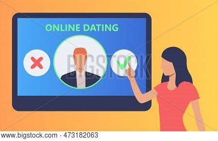 Young Woman Using Online Dating App Vector Illustration. Female User Choosing Partner On Computer Sc