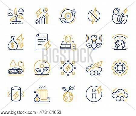 Green Energy Line Icons. Warm Climate, Sustainable Power And Antistatic Set. Co2 Exhaust, Solar Char