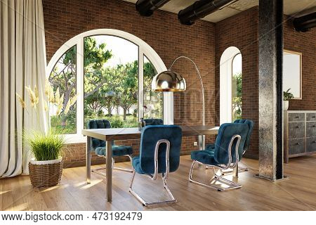 Luxurious Loft Apartment With Arched Window And Landscape View; Noble Dining Room Interior Design; 3