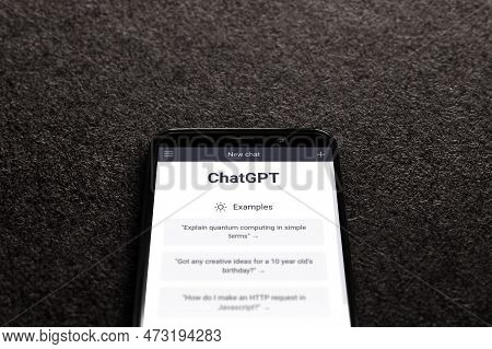 Website Of Chatgpt On Screen Smartphone On Black Textured Background. Chatgpt Is A Chatbot By Openai