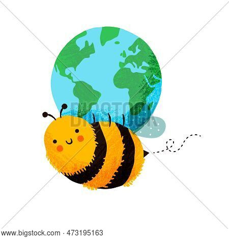 Happy Bee Cartoon Character Holding Earth Planet On Isolated White Background. Funny Bumblebee Insec