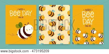 World Bee Day Greeting Card Illustration Set Of Cute Bumblebee Character In Funny Hand Drawn Childre