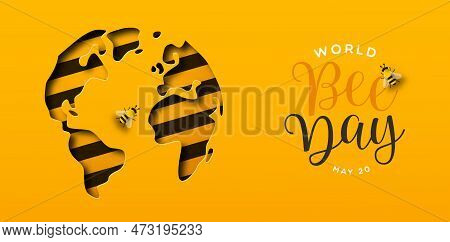 World Bee Day Web Banner Illustration Of Paper Cut Earth Planet In Modern 3d Papercut Style. Eco Fri