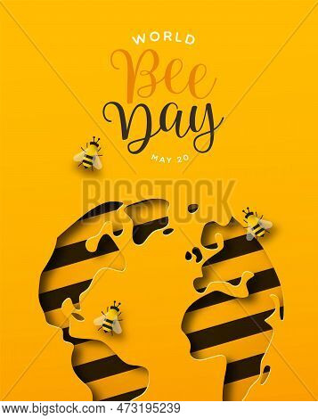 World Bee Day Greeting Card Illustration Of Paper Cut Earth Planet In Modern 3d Papercut Style. Eco 
