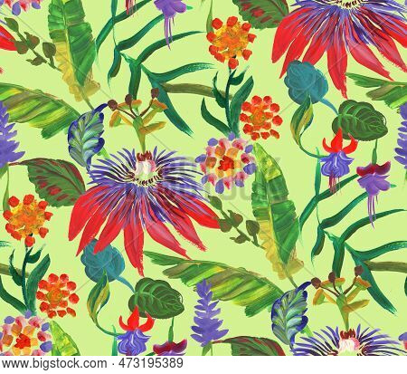 Bright Seamless Pattern With Multicolored Tropical Flowers And Leaves On A Green Background For Summ