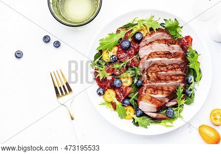 Duck Slices Salad With Grilled Breast And Bloody Orange, Kumquat, Blueberry And Chard, Frisse, Mizun