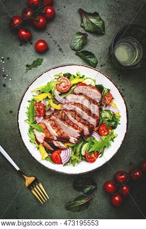 Duck Salad With Grilled Breast And Vegetables: Red Tomato, Cucumber, Paprika, Onoin  And Chard, Fris