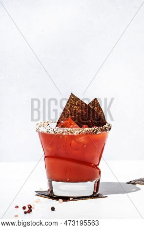 Miso Mary Alcoholic Cocktail Drink With Tomato Juice, Spices, Vodka And Nori, Japanese Version Of Bl